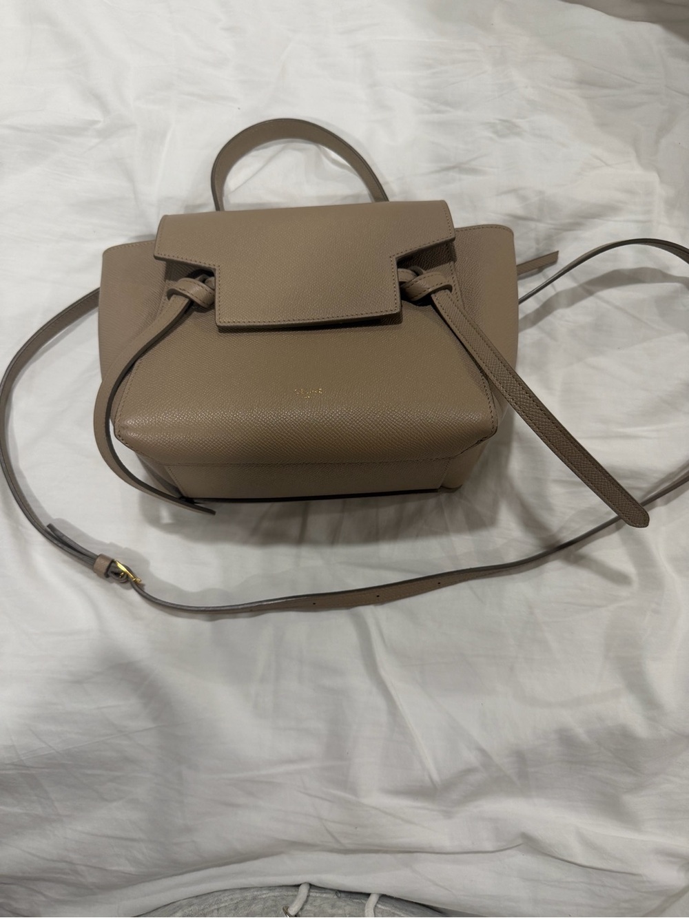 Celine Taupe Leather Satchel with Top Handle and Strap